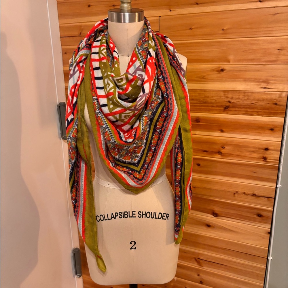Colorful Geometric Patterned Scarf - Olive, Red & White